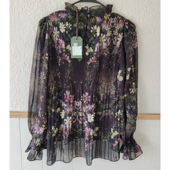All Saints Cora Floral Top Pleated Blouse Sheer Black Ruffle Collar Neck Sz 4 - Picture 4 of 9